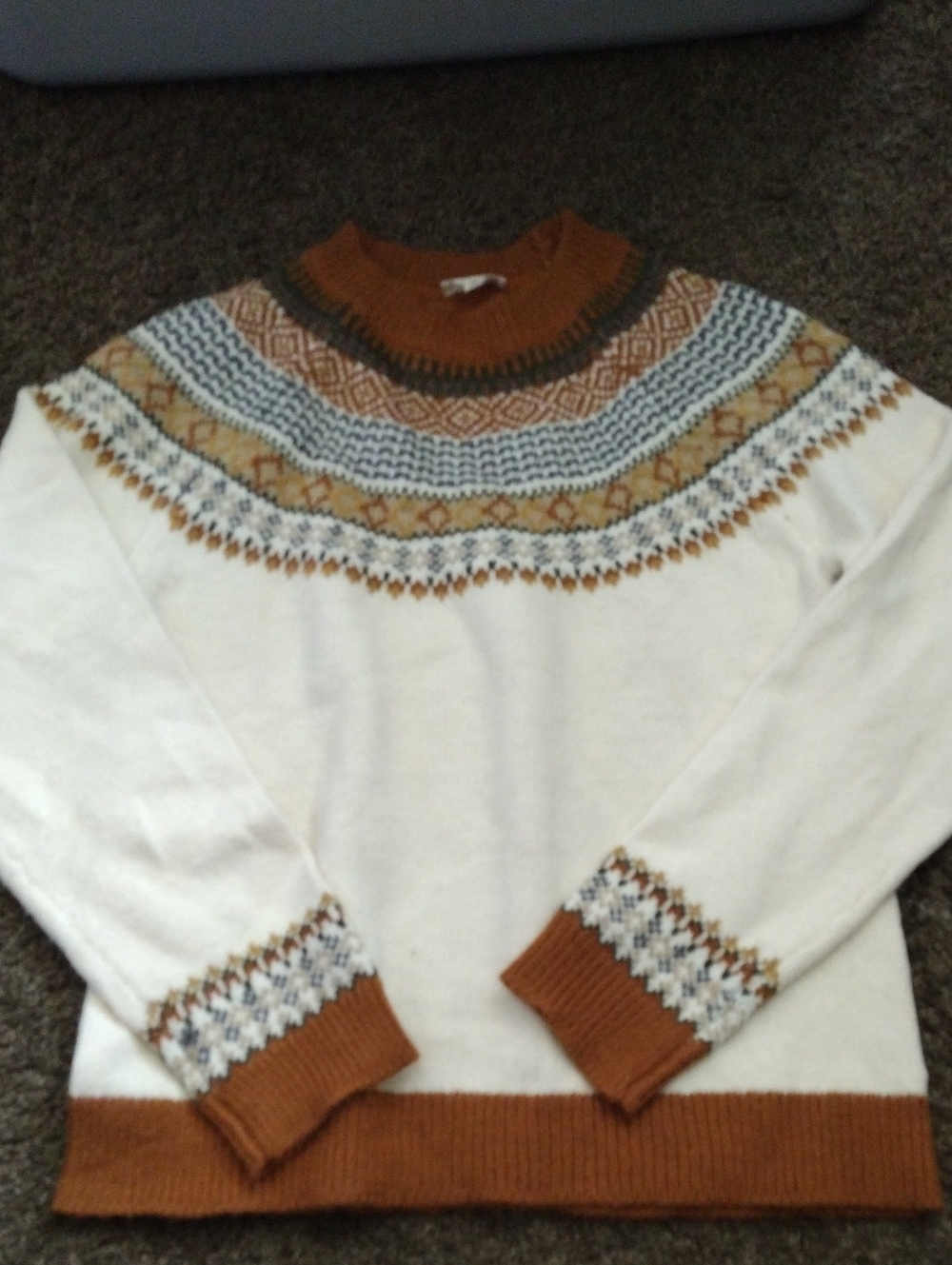 Hem & Thread Women's White Fair Isle Sweater with Rust Trim